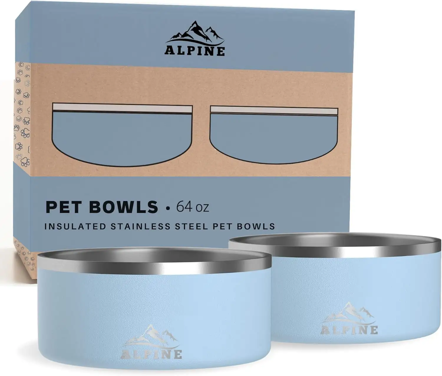 ALPINE Set of 2 Stainless Steel Dog Bowls. Non Slip. Metal Pet Bowl for Food and Water. Double Walled Insulated. Rustproof. Dishwasher Safe (64 oz. Sky Blue)