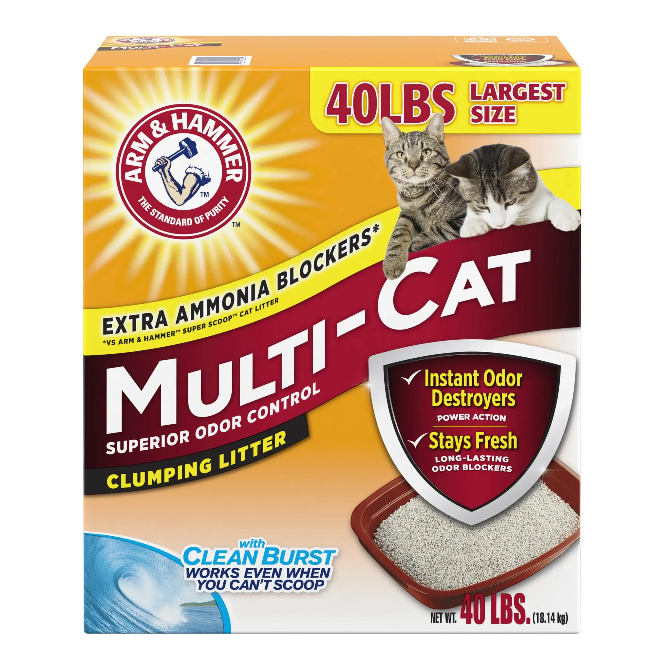 ARM & HAMMER Multi-Cat Superior Odor Control with Clean Burst Clumping Cat Litter. 40 lb