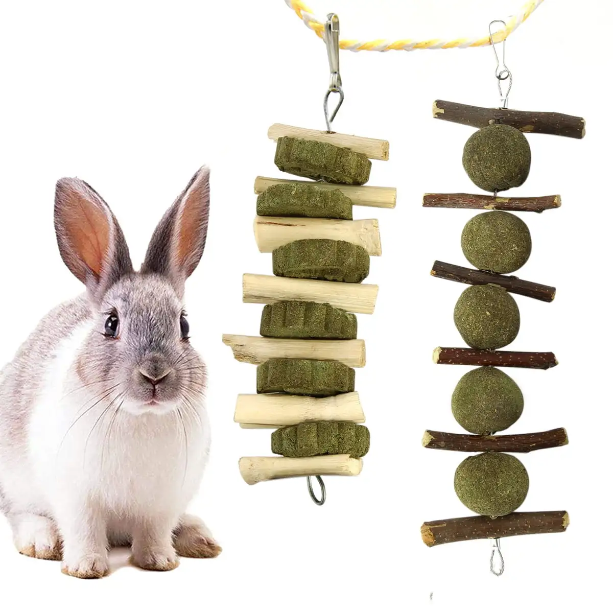 AURORA TRADE 2PCS Bunny Chew Toys. Rabbits Chewing Toys Chinchilla Treats Timothy Grass Ball Natural Apple Branches Sticks Dental Health for Guinea Pigs Hamster Squirrels Rat Gerbils Small Animal