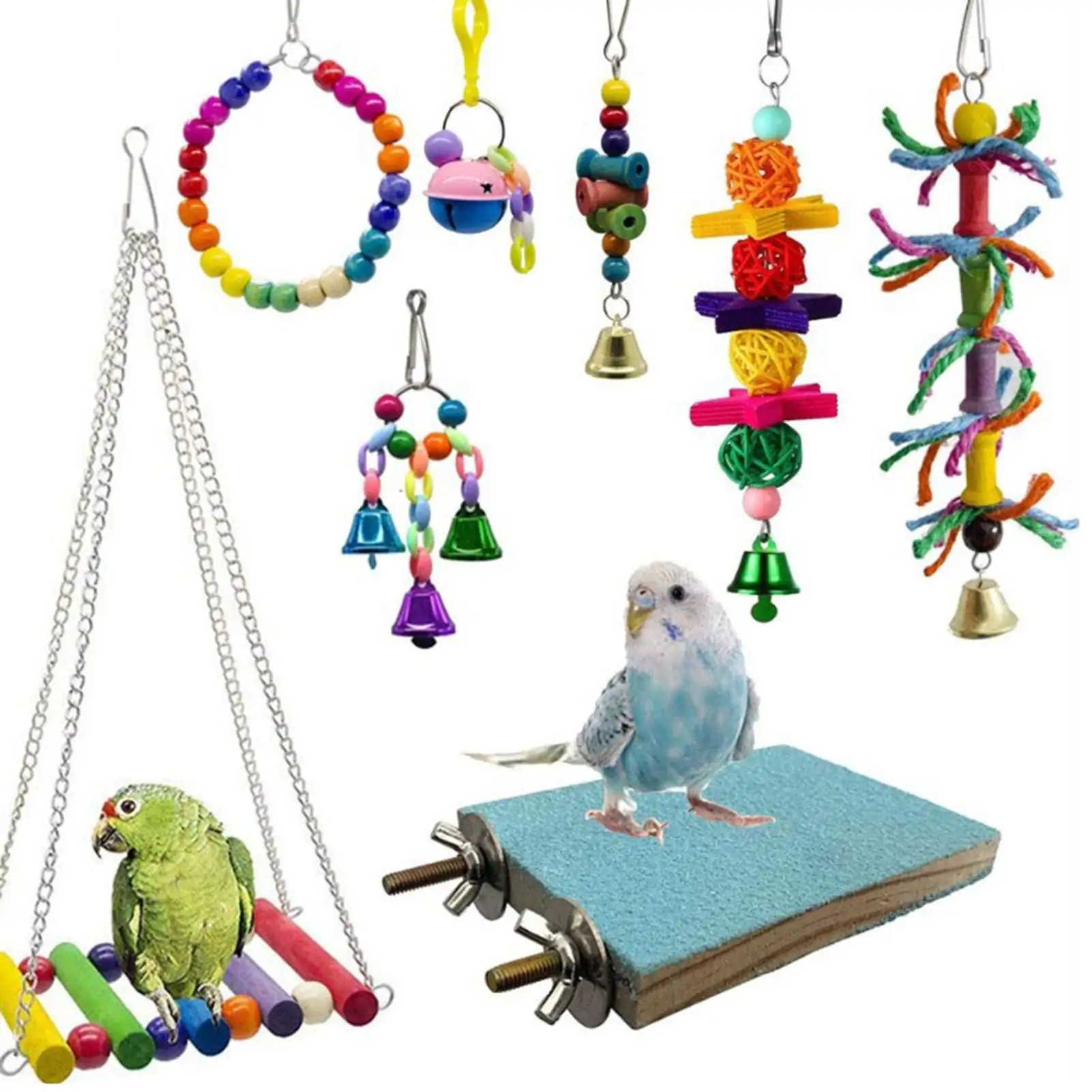 AURORA TRADE 8PCS Bird Parrot Swing Chewing Toy - Hanging Bell Birds Cage Toys Suitable for Small Parakeets. Cockatiel. Conures.Finches.Budgie.Macaws. Parrots. Love Birds