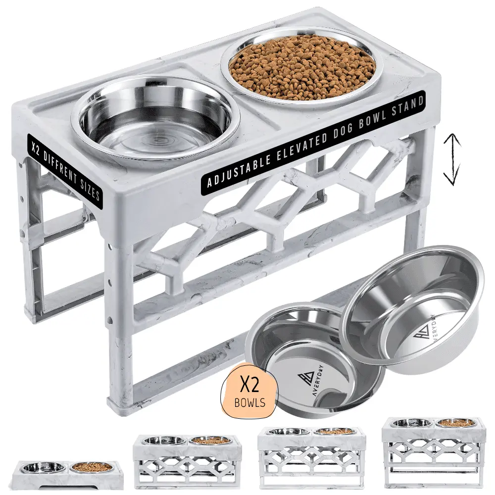 AVERYDAY Elevated Dog Bowls for Large Dogs. 4 Heights Adjustable Dog Food Bowl Stand with 2 Stainless Steel Water Bowls. Raised Dog Feeders for Large Medium Size Dogs