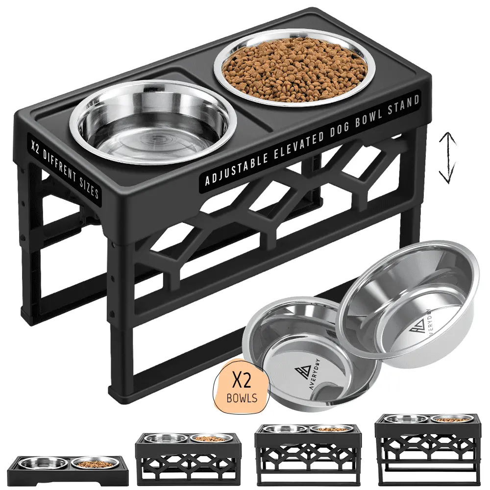 AVERYDAY Elevated Dog Bowls for Large Dogs. 4 Heights Adjustable Dog Food Bowl Stand with 2 Stainless Steel Water Bowls. Raised Dog Feeders for Large Medium Size Dogs