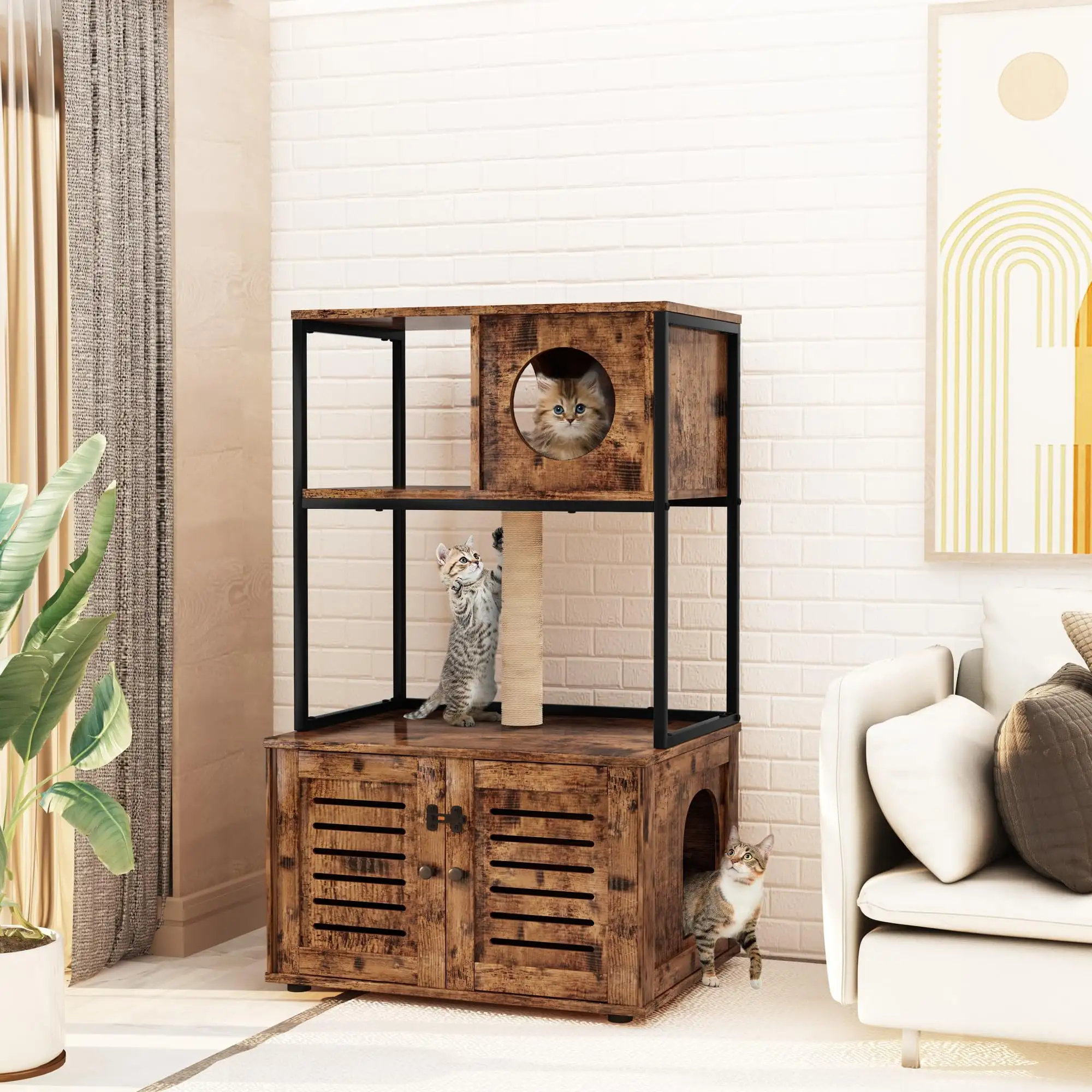 AWQM Cat Litter Box Enclosure. Wooden Cat Furniture with Doors and Scratching Post. Indoor Cat House with Hidden Cat Washroom. Rustic Brown