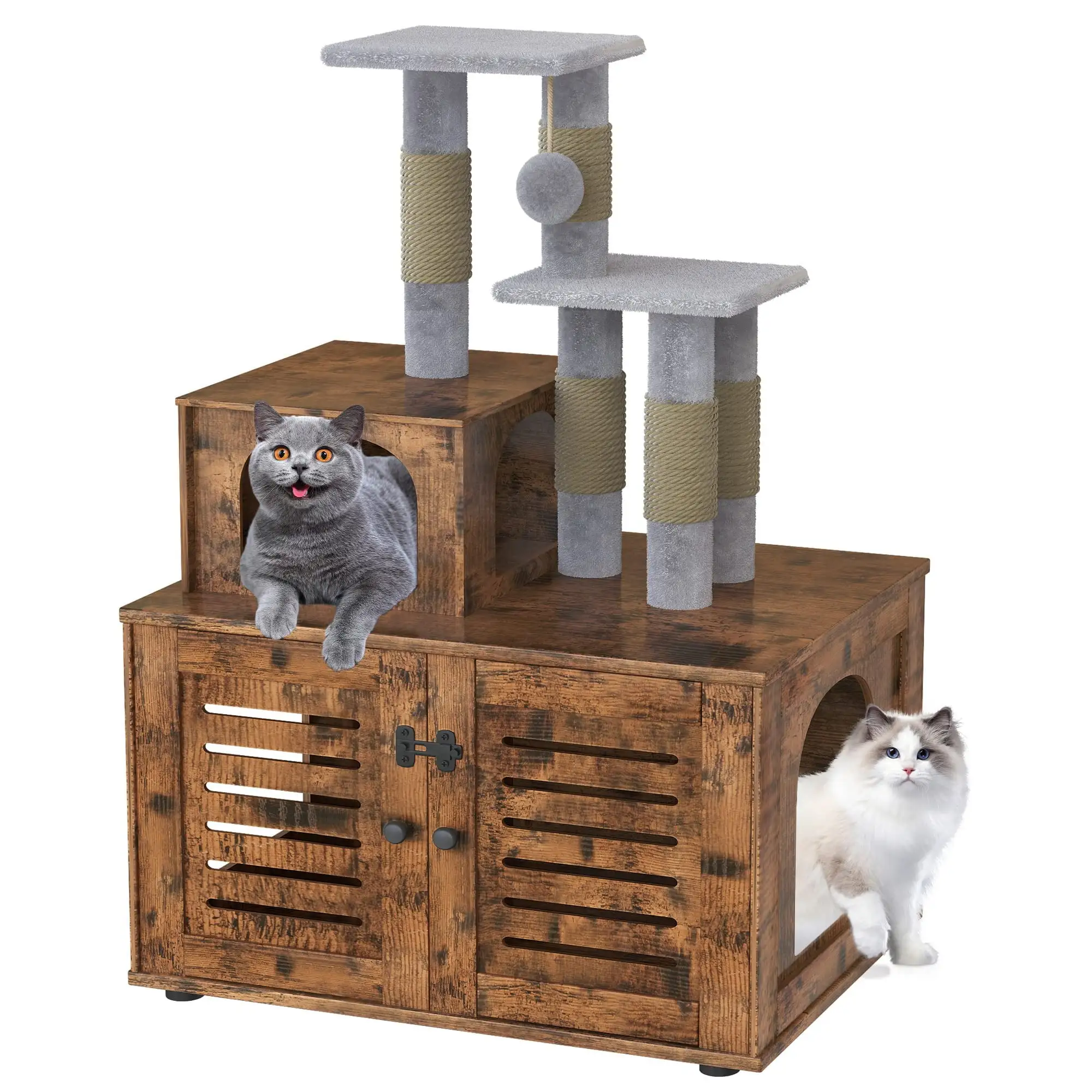 AWQM Cat Tree with Litter Box Enclosure. Wooden Cat Tree Cat Tower with Hidden litter Box Furniture. Cat Scratching Posts and Soft Plush Perch. Rustic Brown