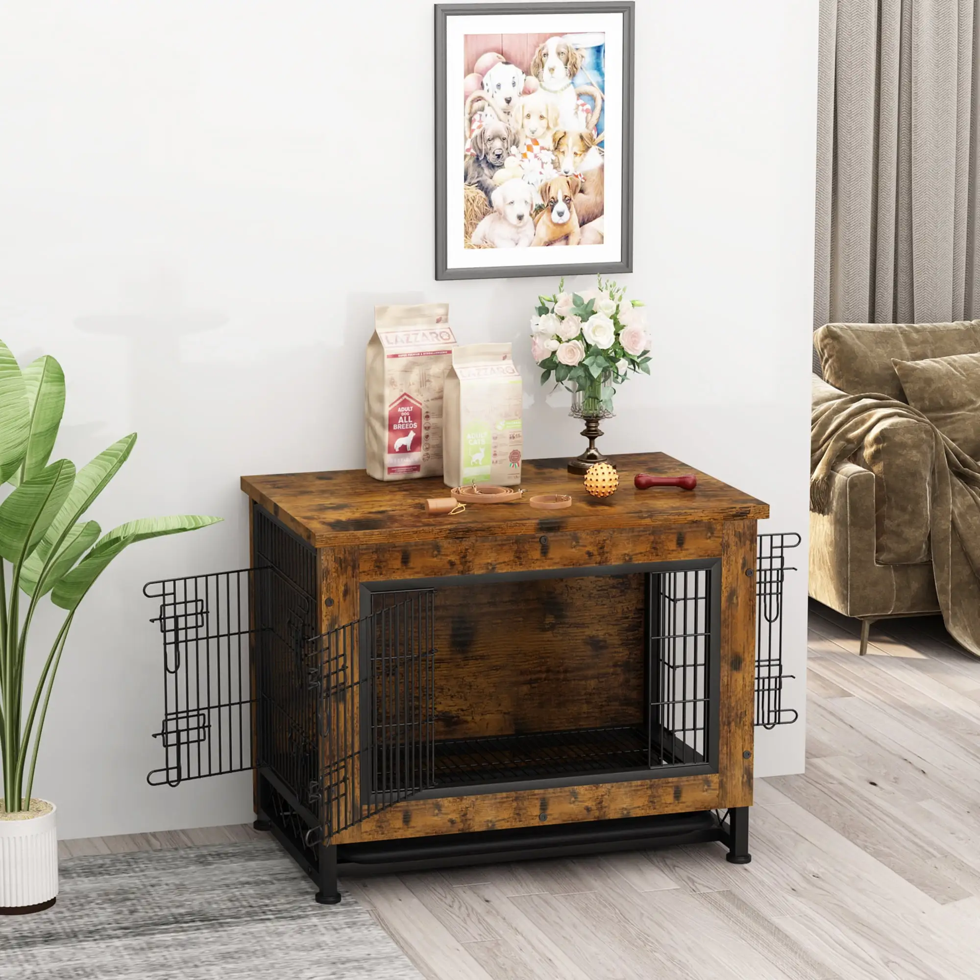 AWQM Wooden Dog Crate Furniture with 3 Doors. Dog Crate End Table with Tray. Pet Dog Kennels Indoor for Small to Large Dog. 31.7 L x 21.7 W x 24.6 H. Brown