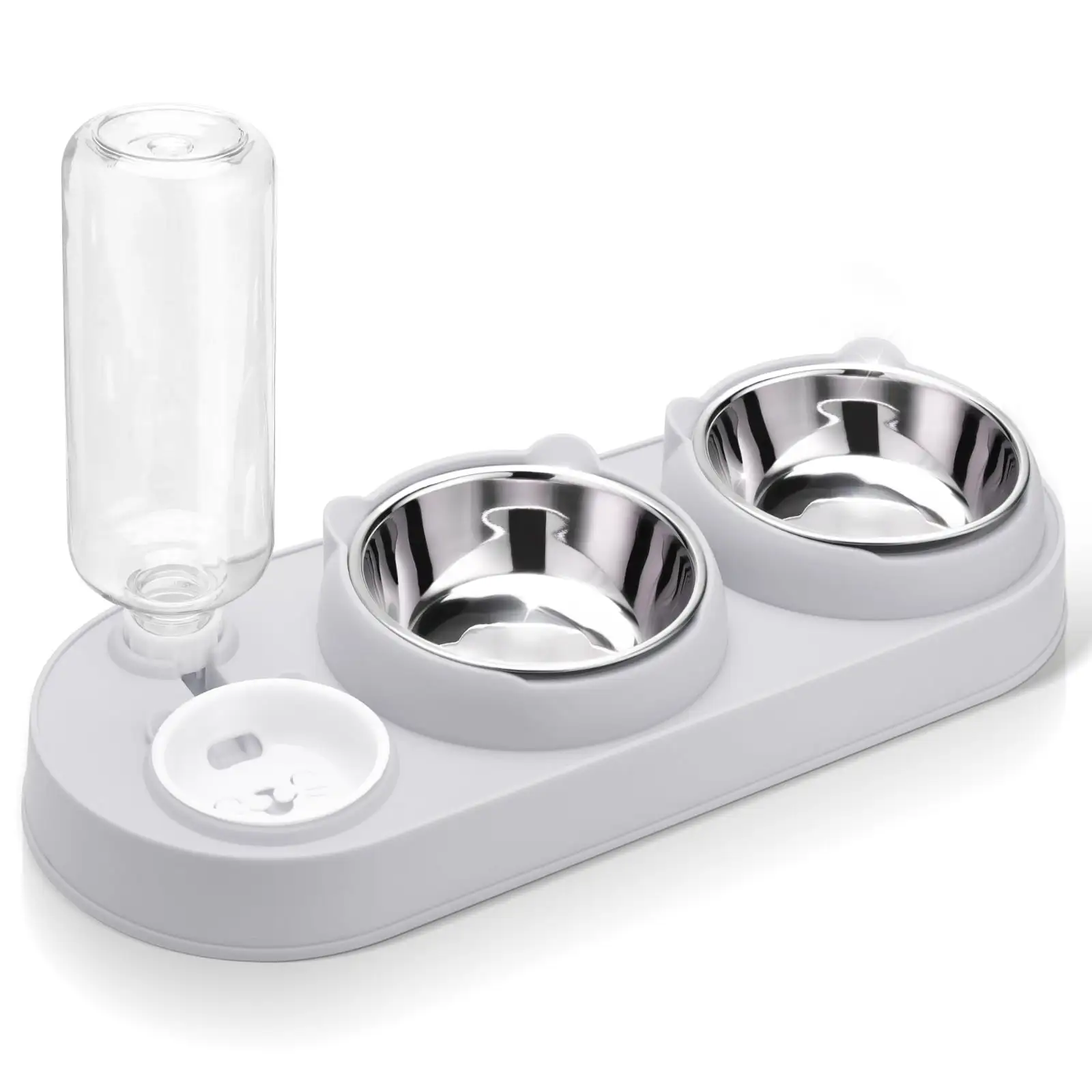 Abaima Stainless Steel Cat Bowl Double Feeders. 3 in 1 Tilted Raised Cat Food and Water Bowls. Triple Cat Feeder and Automatic Waterer. Whisker Friendly Pet Feeding Bowls for Cat Small Dog(Grey)