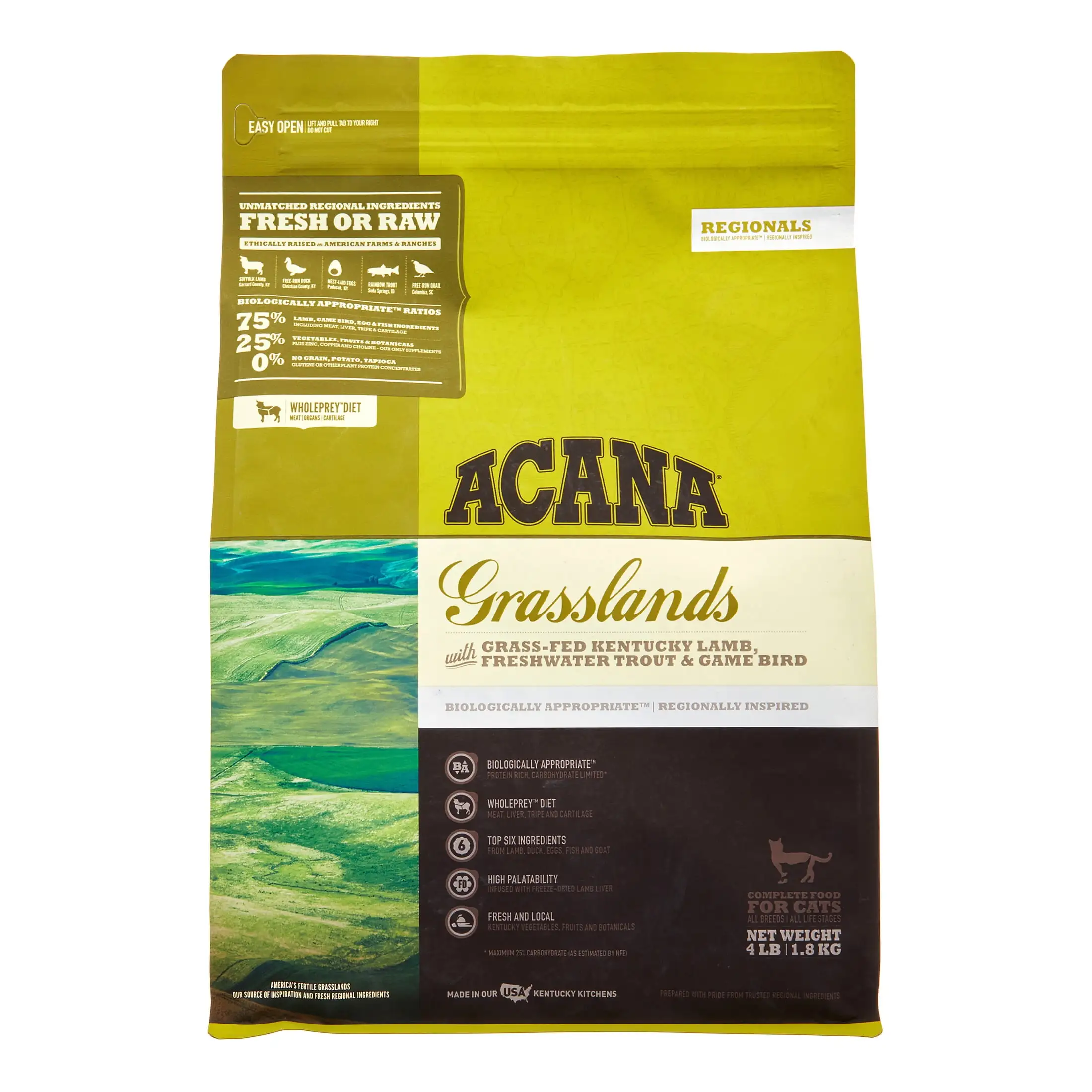 Acana Grasslands Biologically Appropriate Grain-Free Lamb. Duck & Fish All Breed Dry Cat Food. 4 lb