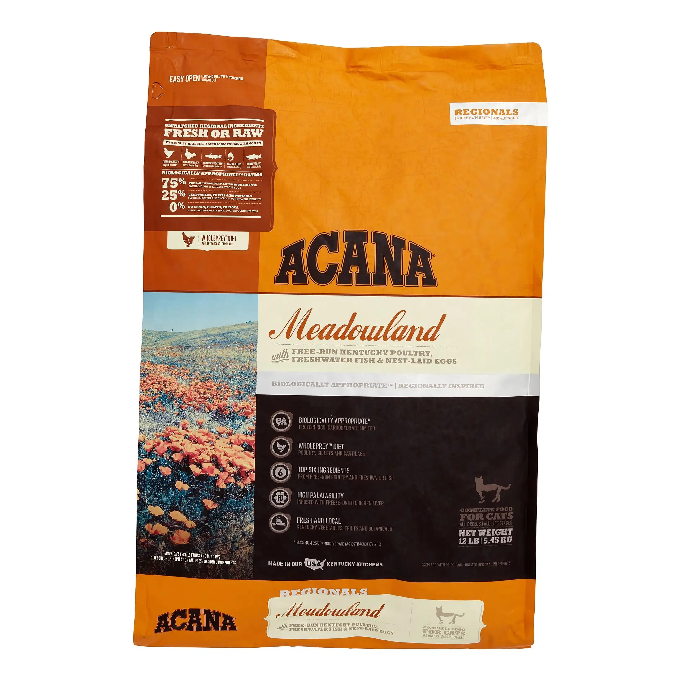 Acana Meadowland Grain-Free Free-Run Poultry & Freshwater Fish All Breed Dry Cat Food. 12 lb