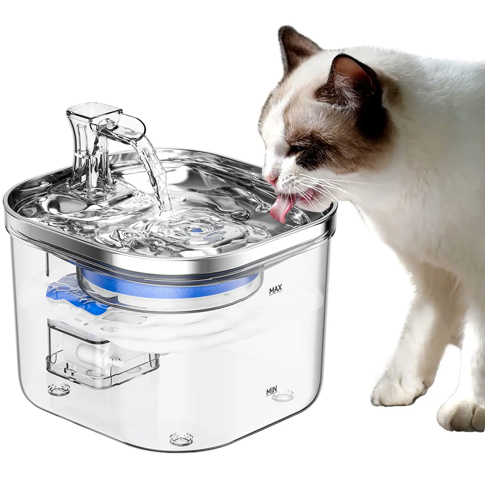 Aceur Cat Water Fountain.67oz/2L Automatic Pet Water Fountain with Stainless Steel Water Bowl.Circulating Filtration System. Easy-to-See Water Level