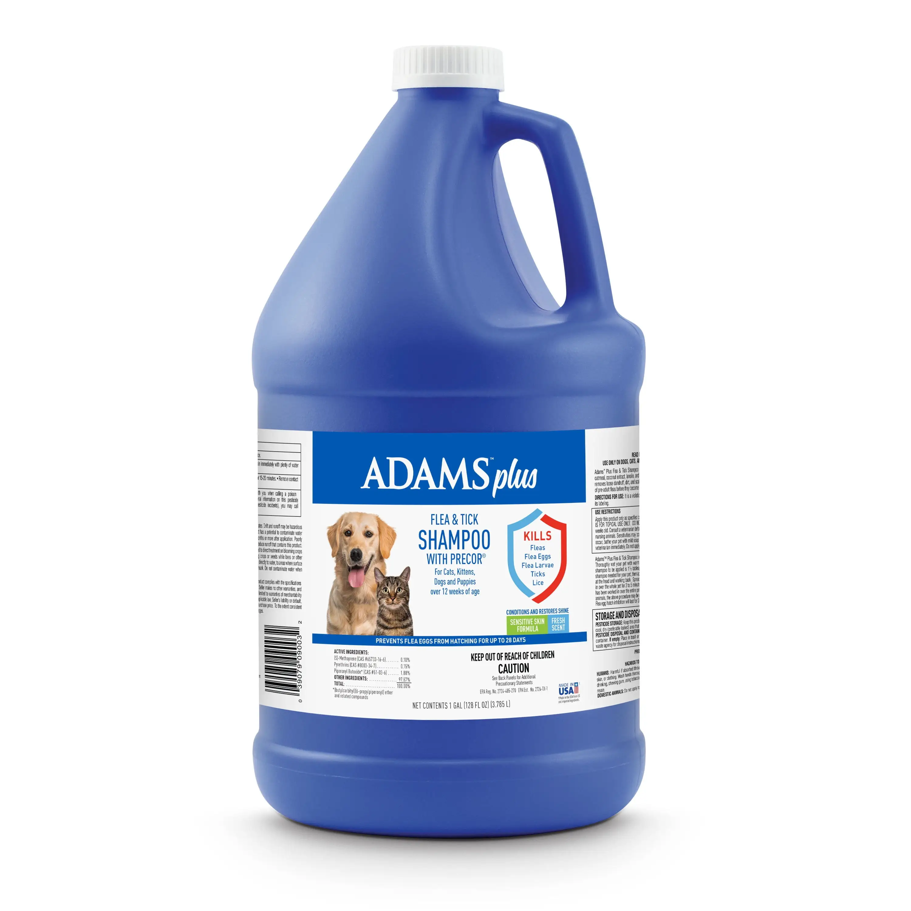 Adams Plus Flea & Tick Shampoo with Precor for Cats. Kittens. and Dogs & Puppies over 12 Weeks of Age. 1 Gallon. 128 FL OZ