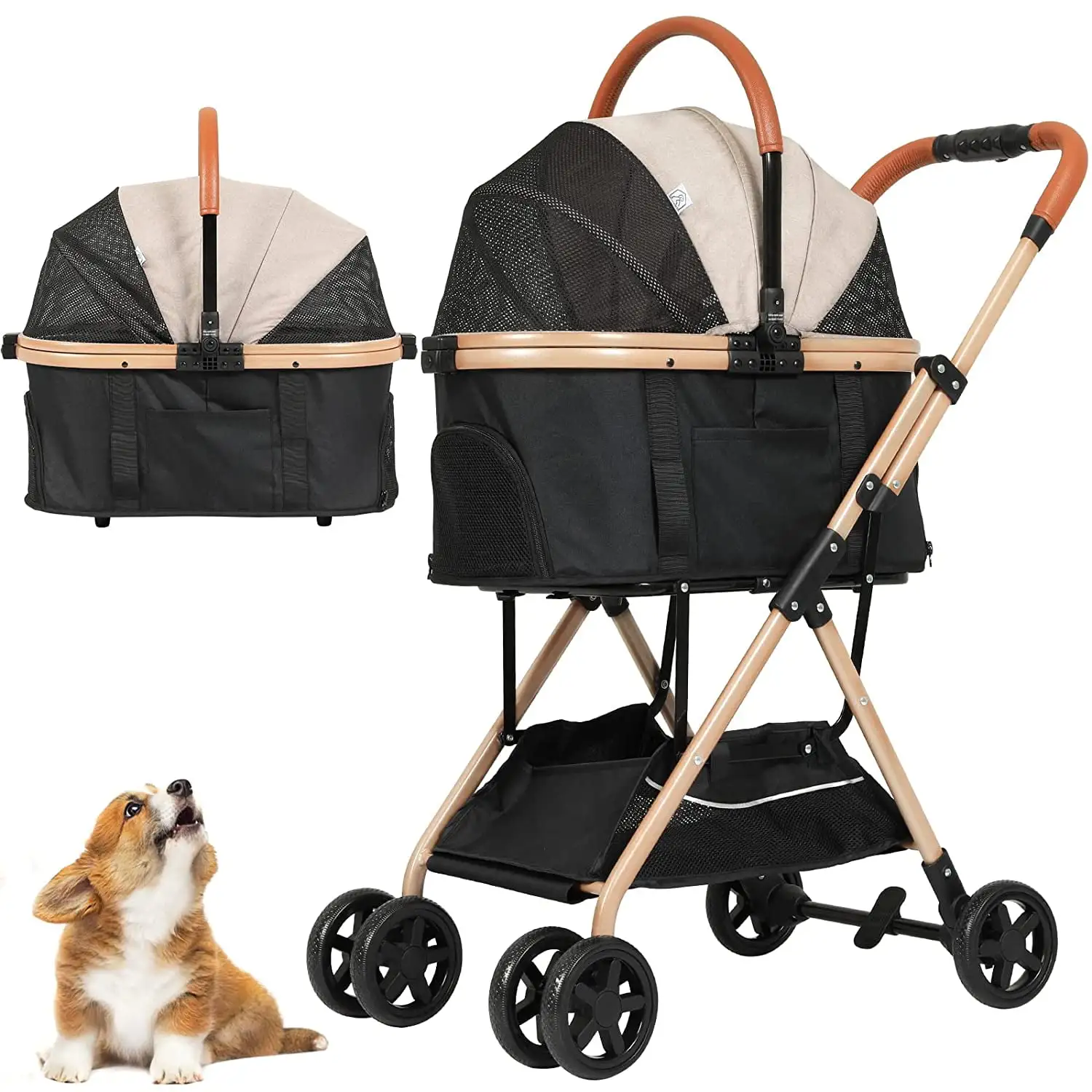 Afuhokles Pet Stroller Premium 3-in-1 for Dogs Cats. Dog Stroller with Detachable Carrier. Foldable Travel Jogging Strolling Cart with Storage Basket?????????2haki