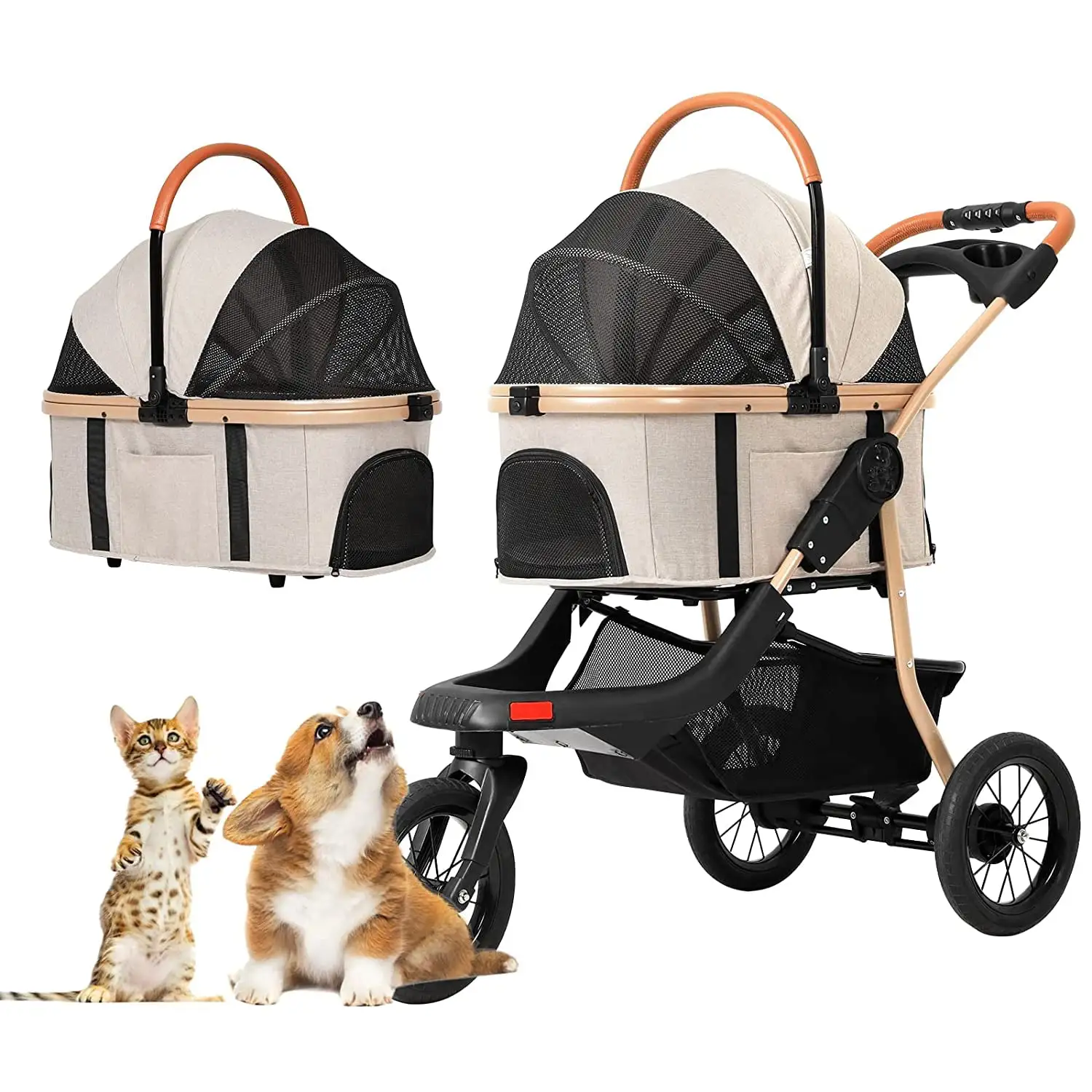 Afuhokles Pet Stroller. Premium 3-in-1 Large Dog Stroller for Cats/Dogs with Detachable Carrier. Foldable Jogging Travel Stroller. 3-Wheel Cat Stroller. Khaki