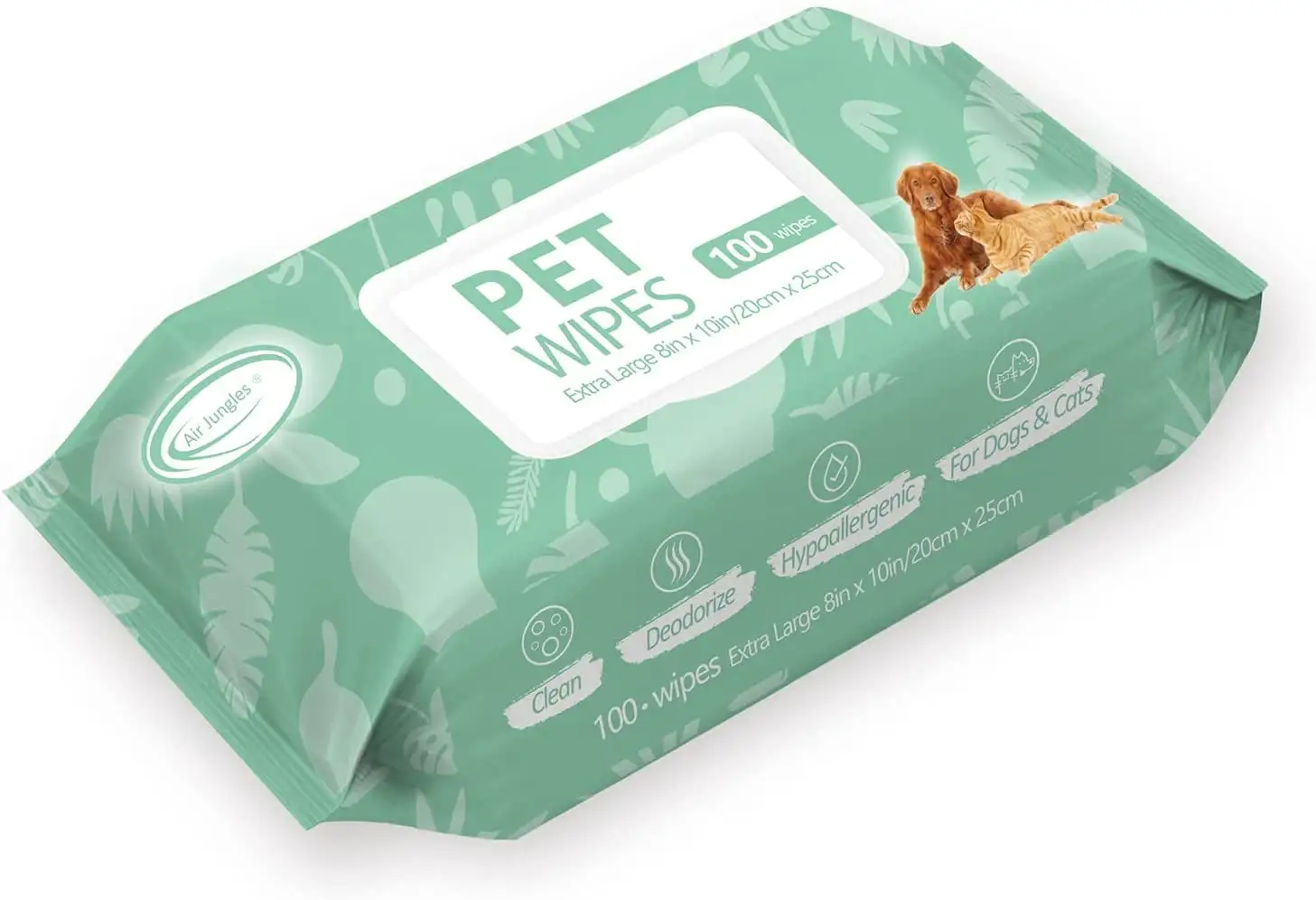 Air Jungles 3in1 Pet Wipes for Dogs and Cats 100 Count. 8 x 10 Extra Large Hypoallergenic Cleaning. Grooming. Deodorizing Wipes for Pets Paws Body Face Ear Butt