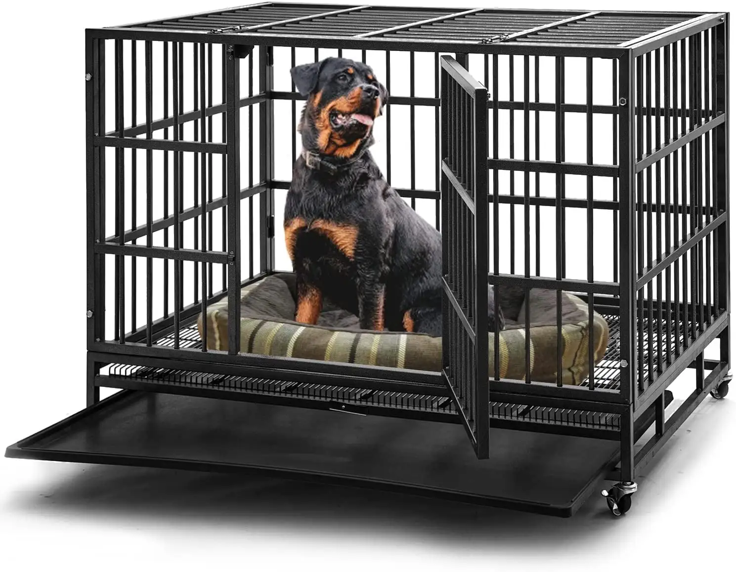 Aixvx 48 inch Heavy Duty Indestructible Dog Crate Steel Escape Proof. Indoor Double Door High Anxiety Cage. Kennel with Wheels. Removable Tray. Extra Large XL XXL