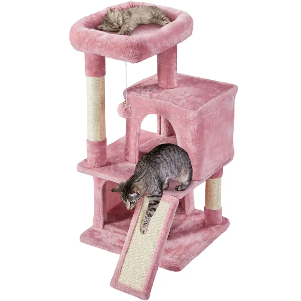 Alden Design 36 Cat Tree with Condos and Scratching Post Tower. Pink