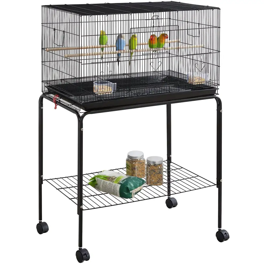 Alden Design 47 Metal Bird Cage with Slide-Out Tray and Rolling Stand. Black