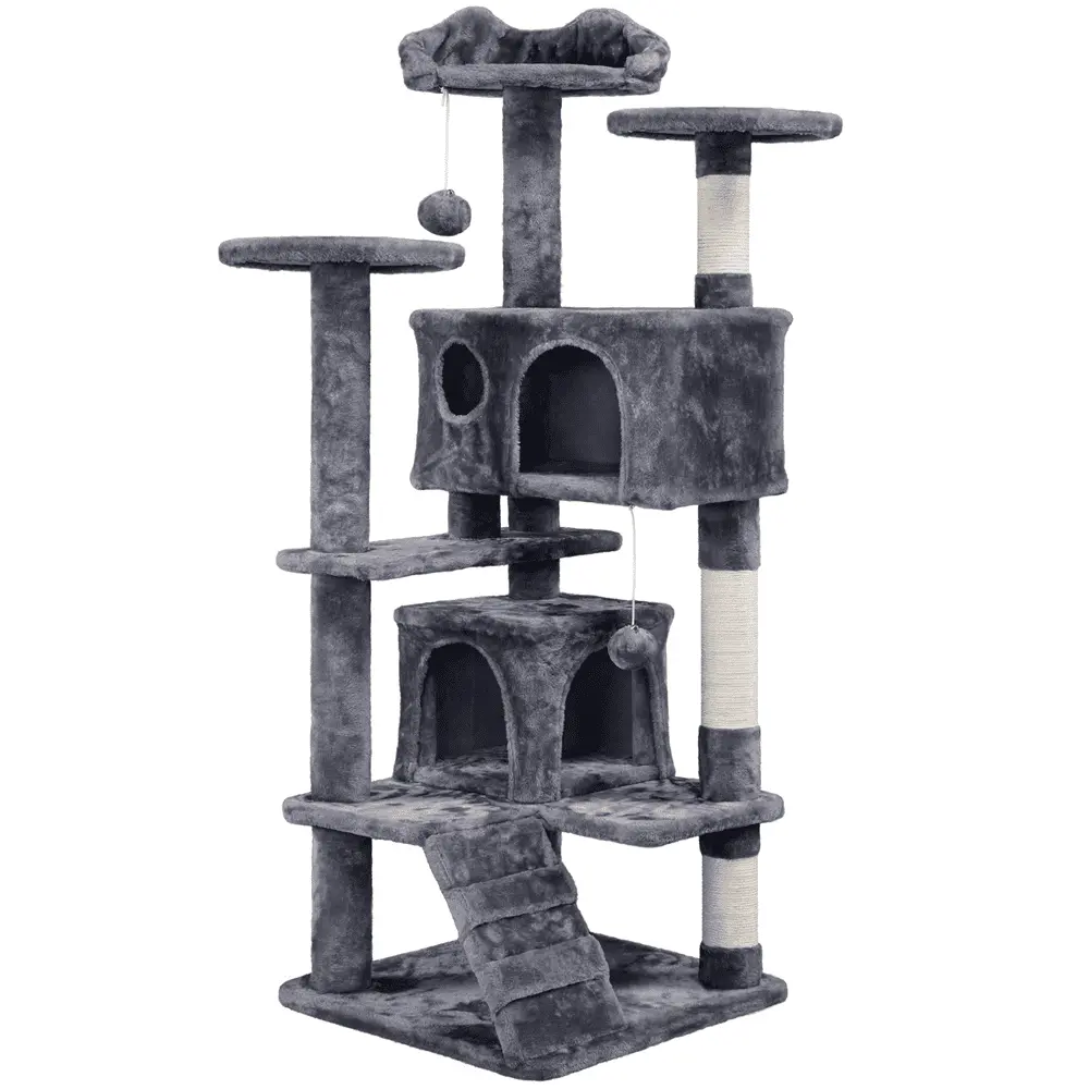 Alden Design 54.5 Double Condo Cat Tree with Scratching Post Tower. Dark Gray