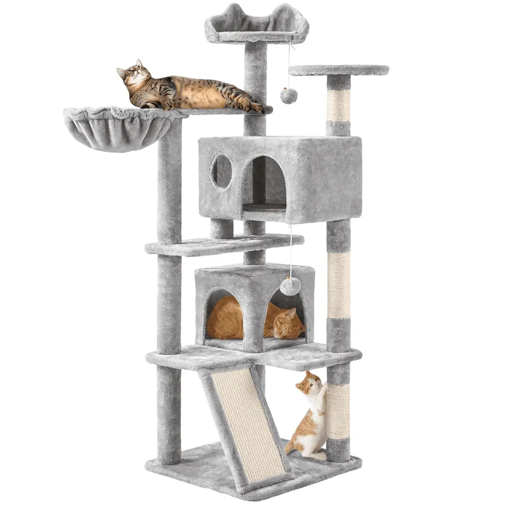 Alden Design 54 Double Condo Cat Tree with Scratching Post Tower. Light Gray