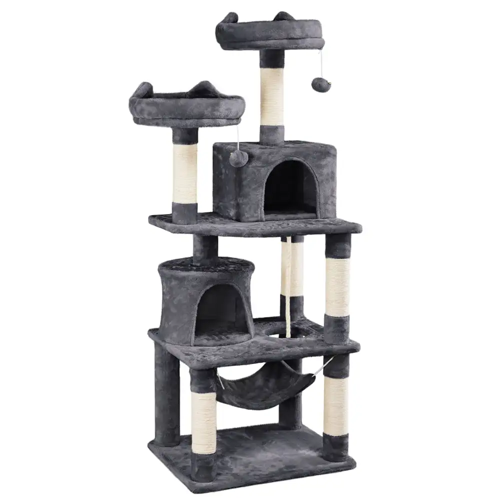 Alden Design 62.2 Double Condo Cat Tree and Scratching Post Tower. Dark Gray