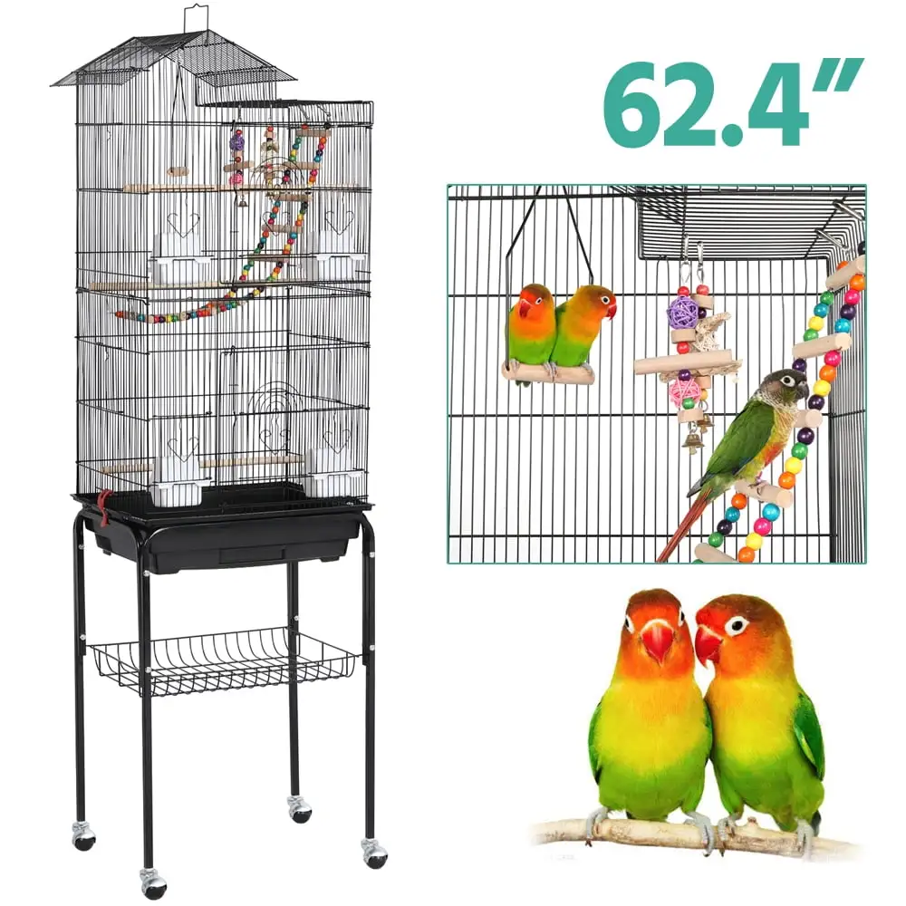 Alden Design 62.4 Rolling Mid-Size Bird Cage with Perches. Black