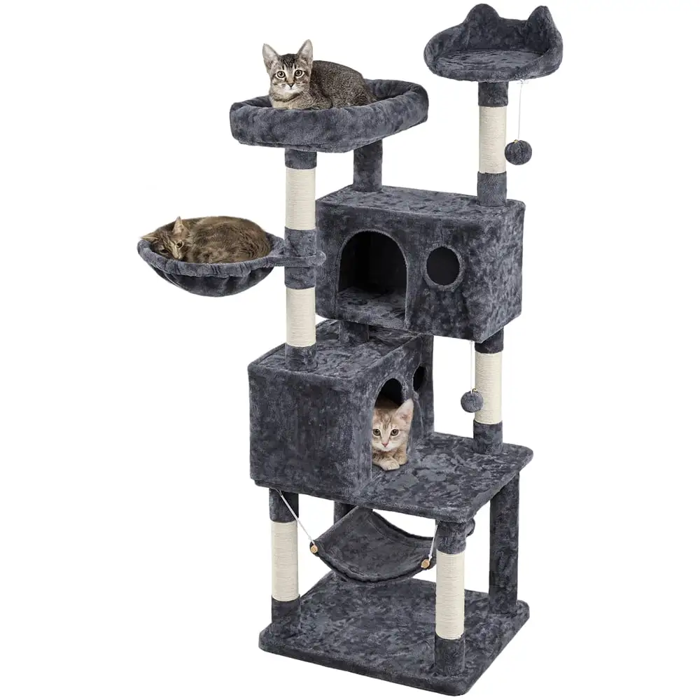 Alden Design 64.5H Multi-level Cat Tree Tower with Condos and Perches. Dark Gray