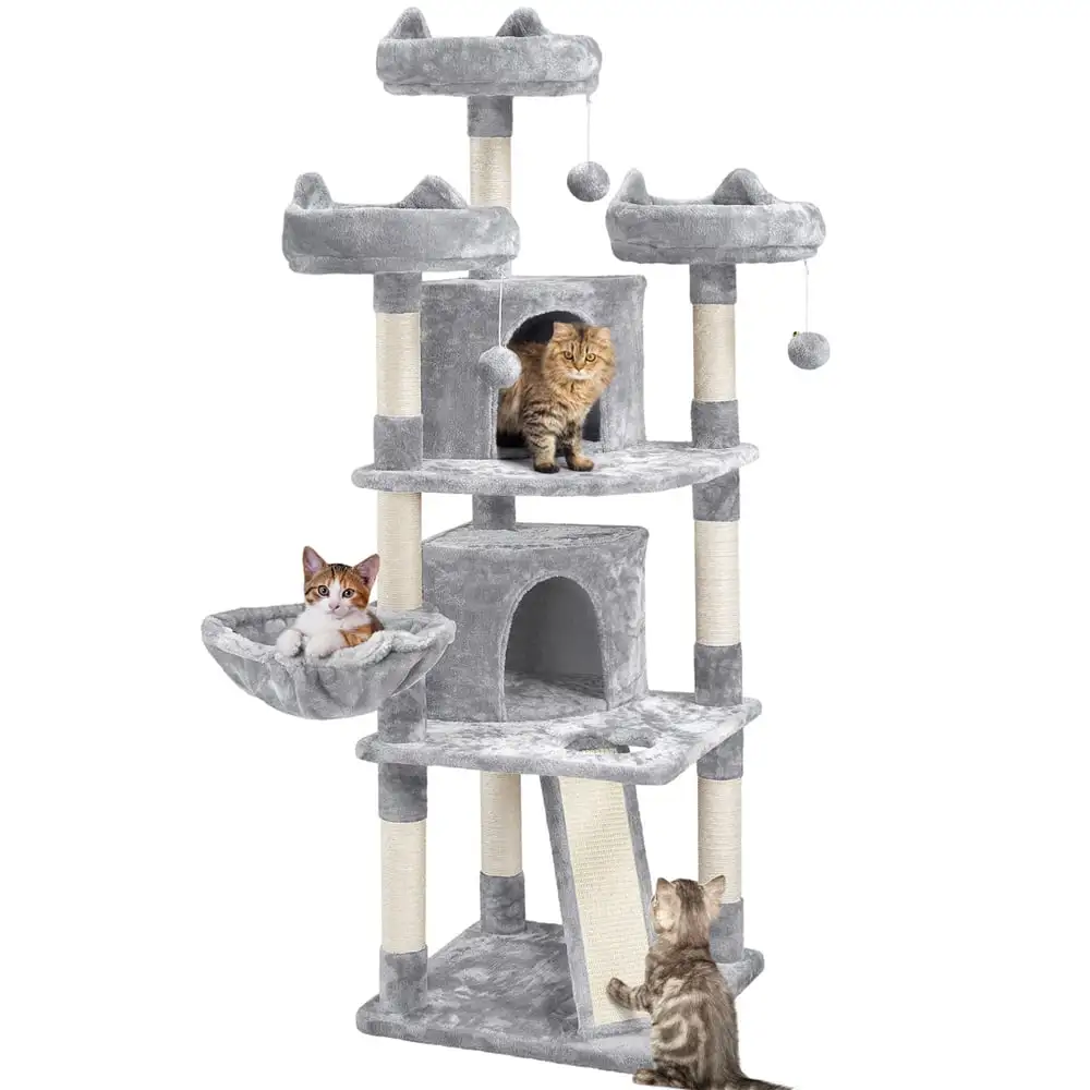 Alden Design 68.5H Large Multilevel Cat Tree Tower with Condos and Perches. Light Gray