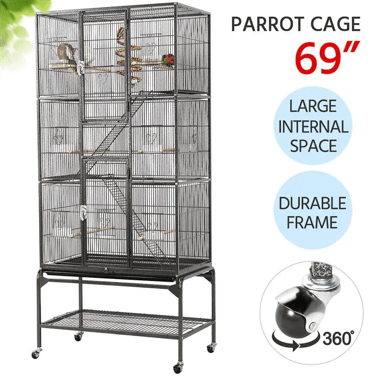 Alden Design 69 H Rolling Extra Large Metal Bird Cage with Detachable Stand for Parrots. Black