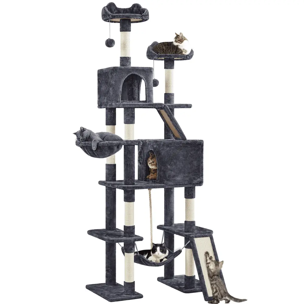 Alden Design 82.5?? H Multi Level Large Cat Tree with 2 Cozy Condos for Indoor Small/Medium Cats. Dark Gray