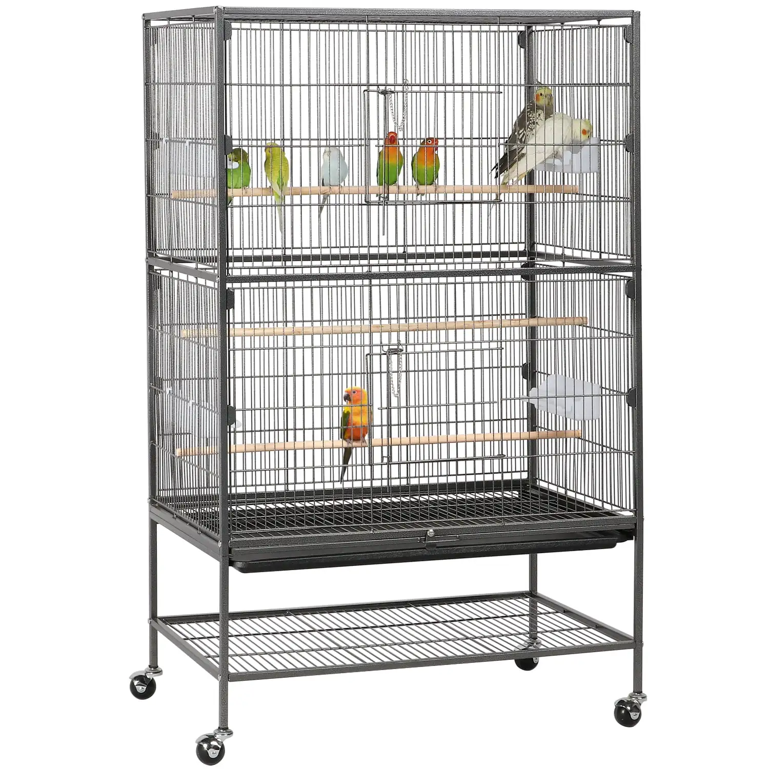 Alden Design Metal 52 Large Rolling Bird Cage with 3 Perches and 4 Feeders. Black