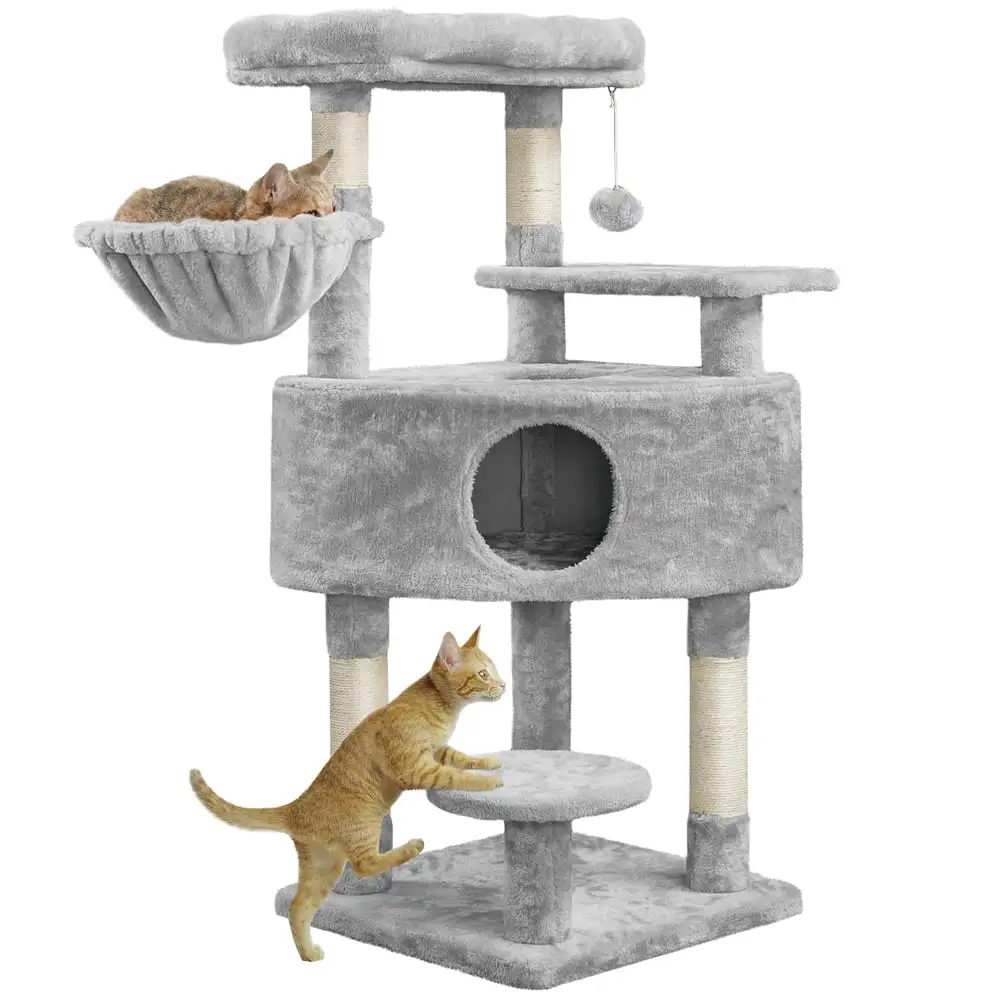 Alden Design Multilevel Cat Tree Basket Condo Scratching Posts. Light Gray