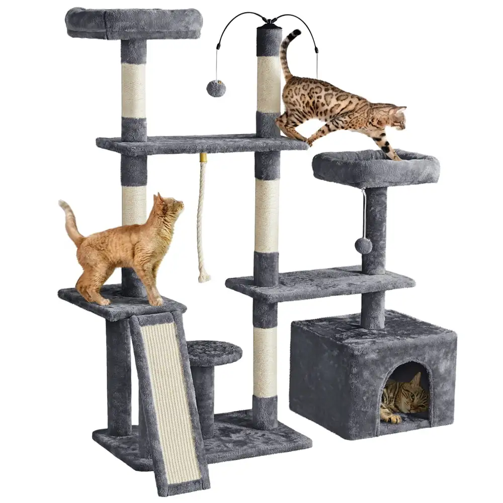 Alden Design Multilevel Plush Cat Tree Activity Tower Play Center with Sisal Scratching Posts. Dark Gray