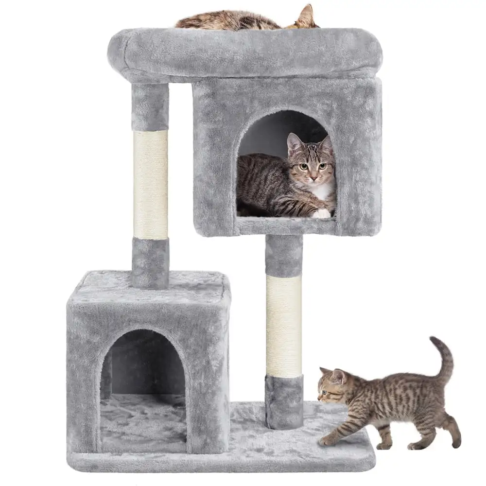 Alden Design Multilevel Small Space Cat Tree with Condos. Light Gray