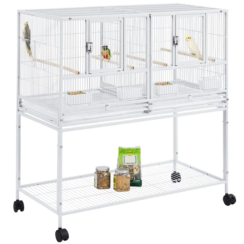 Alden Design Stackable Wide Divided Metal Bird Breeder Cage with Rolling Stand. White