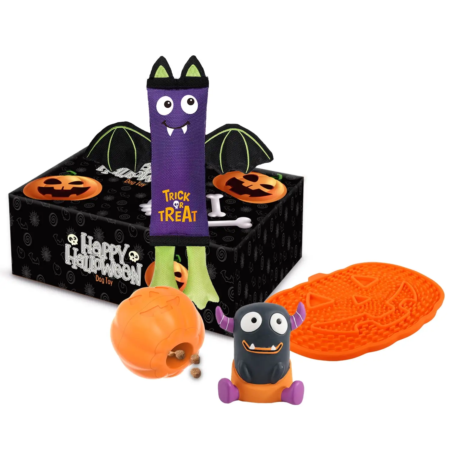 All For Paws 4 Pack Halloween Dog Toy Gift Box Set? Includes Anxiety Relief Lick Mat. Dog Food Dispenser. Vampire Bat Squeaky Firehose Toy & Devil Latex Chew Toy