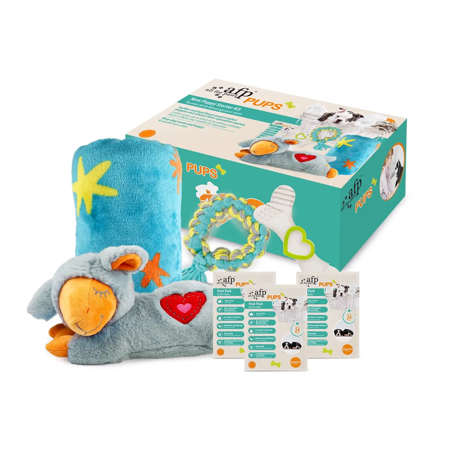 All For Paws 7-in-1 Puppy Starter Kit - Dog Sleeping Aid Gift Box Includes an Anti-Anxiety Plush Heartbeat Toy. a Soft Cuddle Blanket. 3 Heat Packs & 2 Dog Chewing Toys