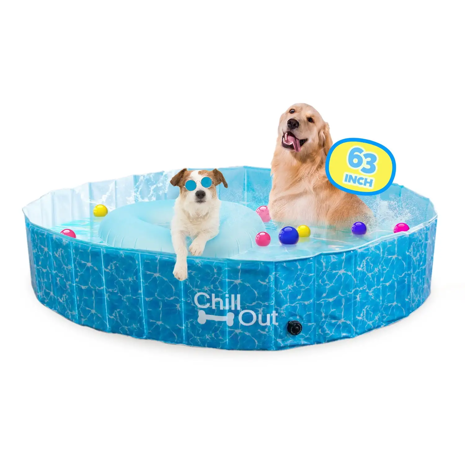 All For Paws Chill-Out 63 Foldable Dog Swimming Pool with Water Drainage Hole. Collapsible Outdoor Wading Pool for Dogs & Kids. Outdoor Pet Bath Tub