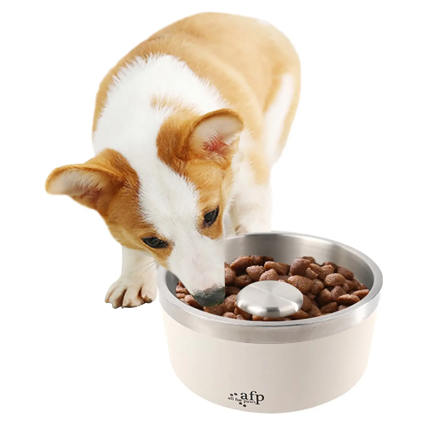 All For Paws Lifestyle-4-Pets Non-Slip Double Wall 304 Stainless Steel Slow Feeding Bowl for Dogs & Cats. 1700ml. White