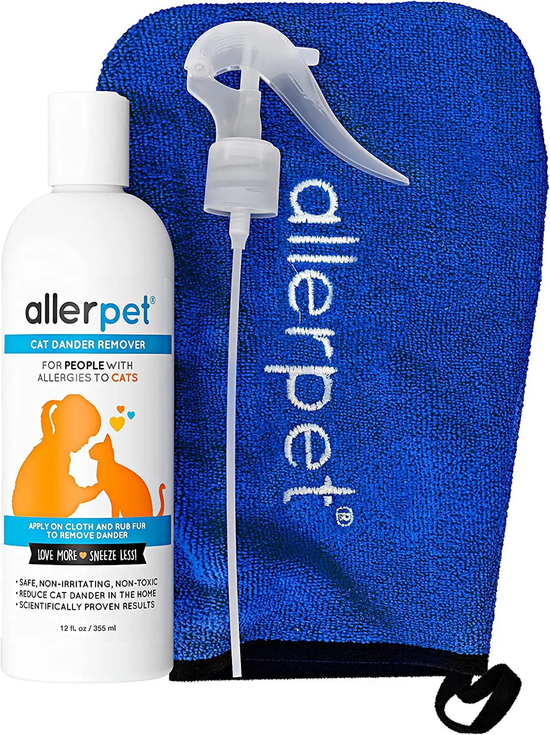 Allerpet Cat Dander Remover with Bonus Solution Application Mitt and Sprayer - 100% Non Toxic Pet Allergen Reducer - Scientifically Proven for Effective Allergy Relief (12oz)