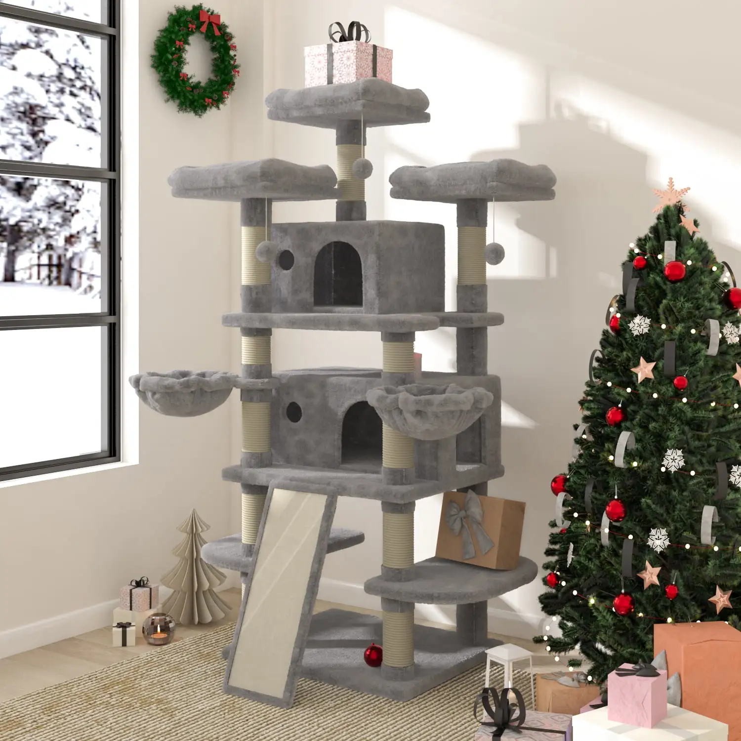 Allewie Grey 68 Inches Multi-Level Large Cat Tree with Cat Condo and Sisal Scratching Posts and Hammocks