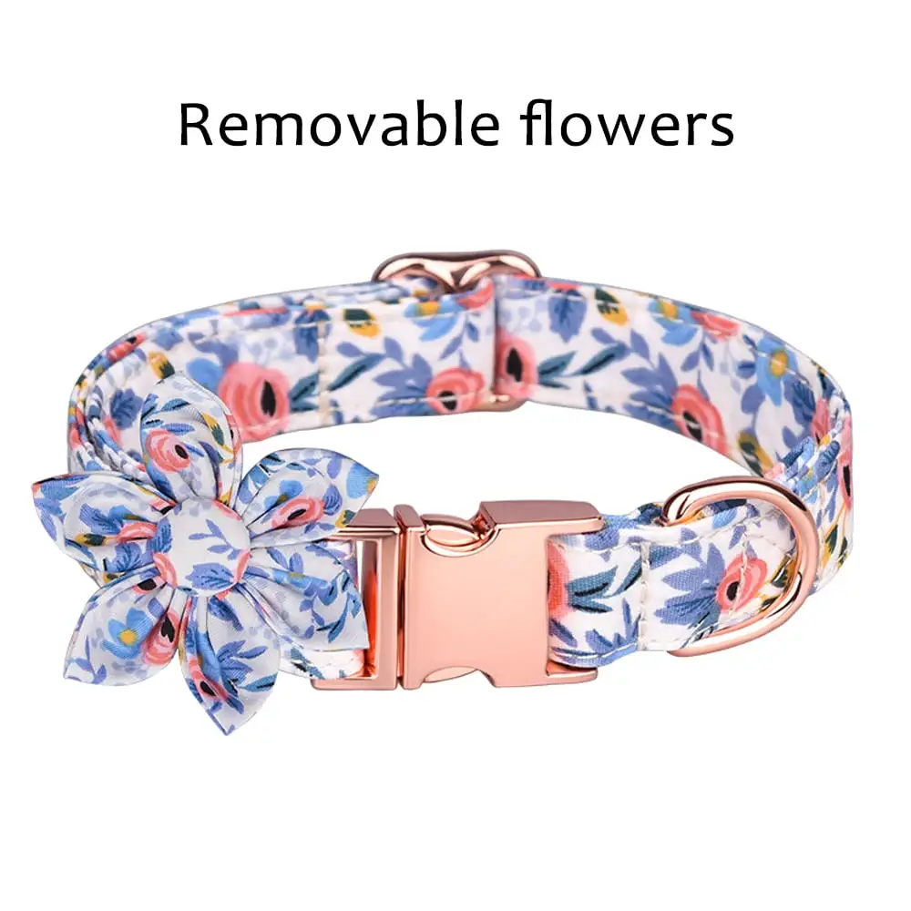 Ameitech Flower Dog Collar. Blue Adjustable Girl Dog Collar with Flower. Durable Floral Pattern Pet Collar for Medium Dogs