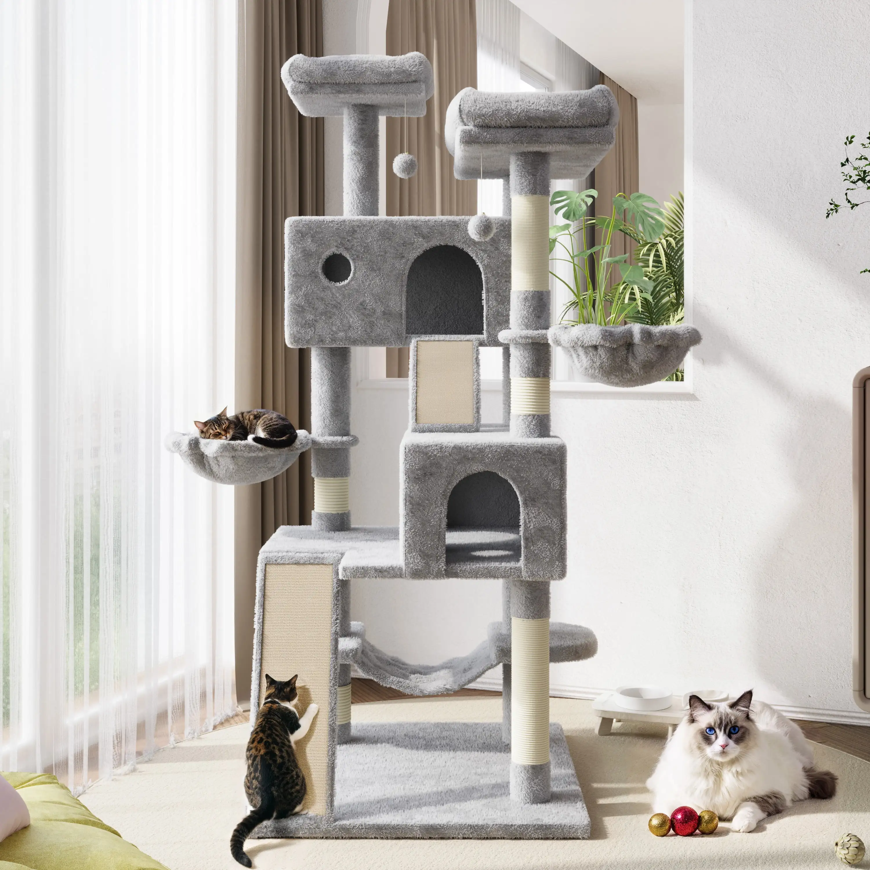 Amolife 65.7 Cat Tree Tower Condo for Large Cats with Hammock. Scratching Post & Basket. Gray