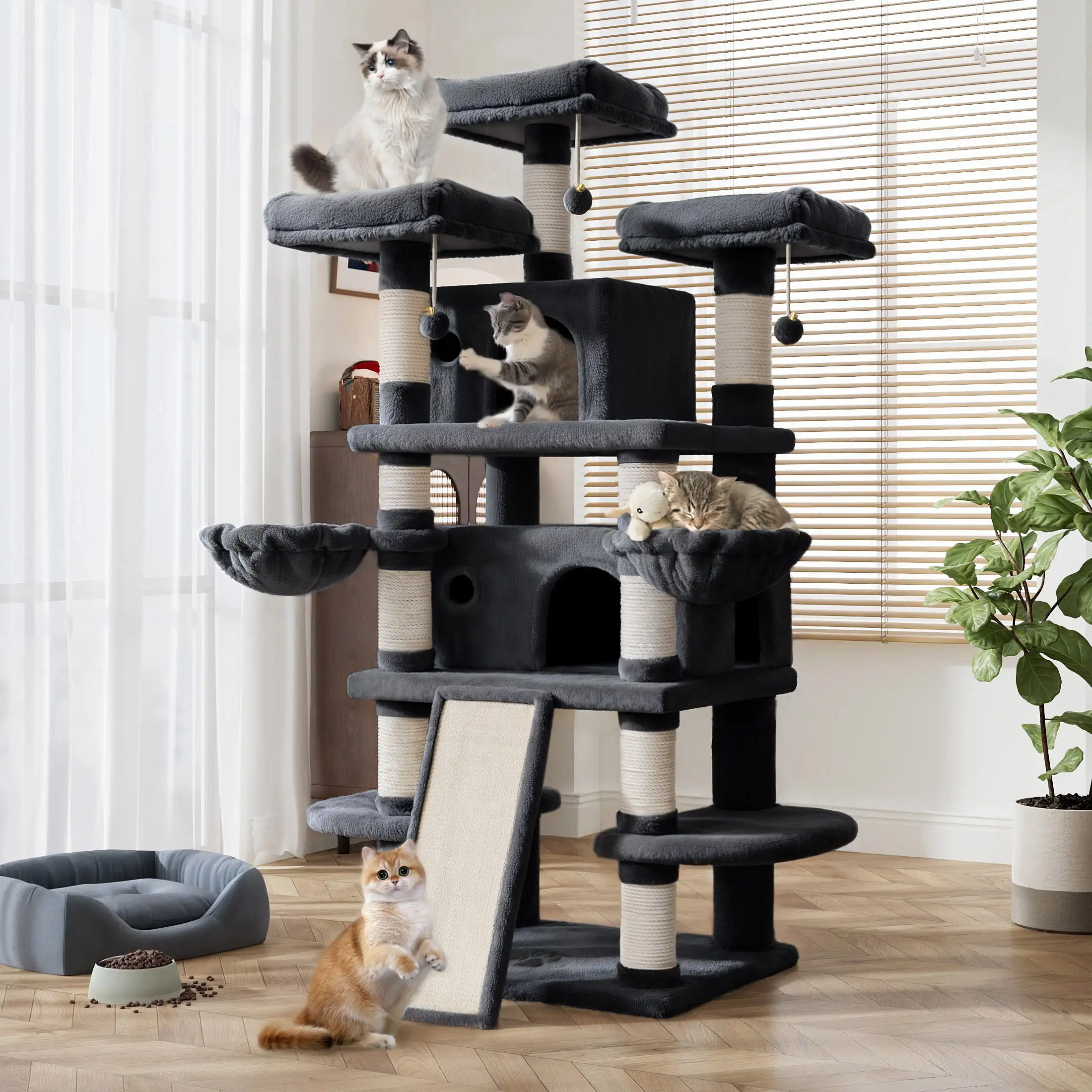 Amolife 68 Inch Cat Tower Multi-Level / X-Large Cat Tree King with Scratching Posts Kitty Pet Play House. Dark Blue