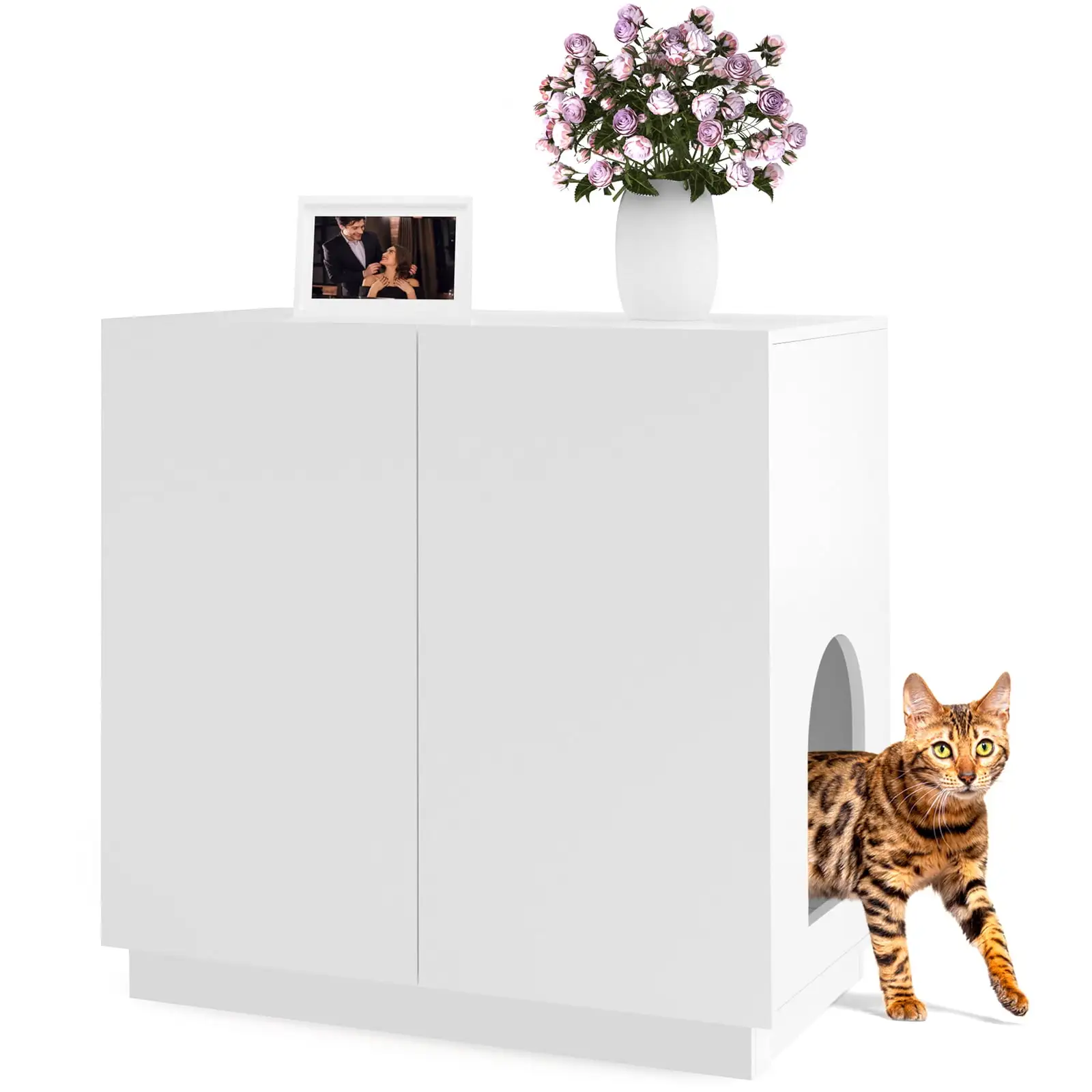 Amunrbrek Large Litter Box Furniture. Wooden Modern Cat Litter Box Enclosure Furniture with Storage. White