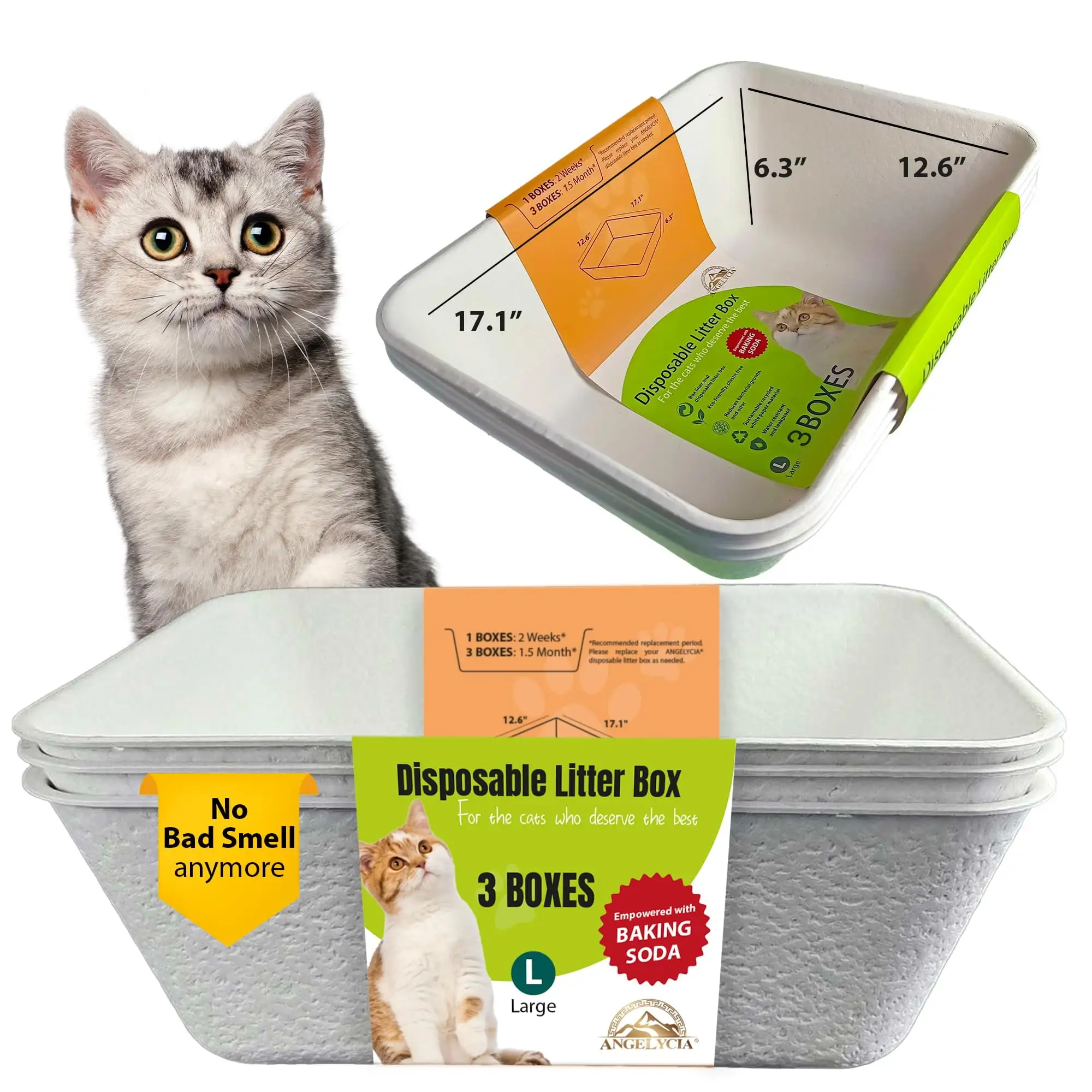 Angelycia Disposable Litter Boxes for Cats | Baking Soda Effect and Maximum Odor Control | Recycled White Paper | Durable and Water Resistant | Large Size Litter Boxes for Cats (Large- 3 Pieces)