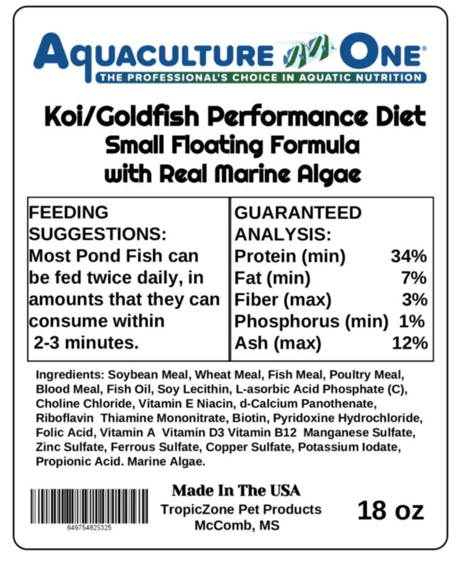 Aquaculture-One Sm Diet for Goldfish/Koi with Natural Algae