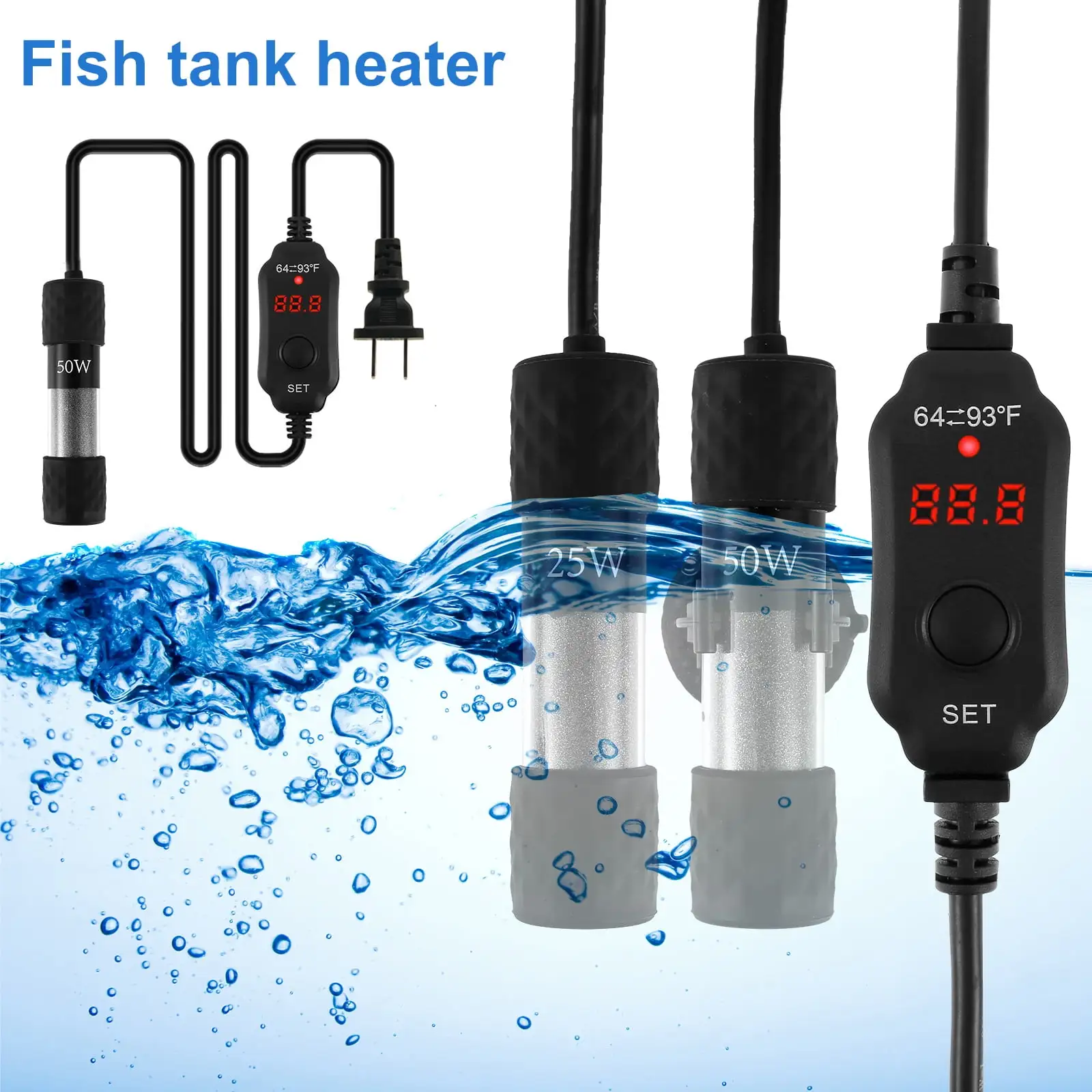 Aquarium Heater.Fish Tank Water Heater.25W/50W Submersible Fish Tank Heater with Over-Temperature Protection and Automatic Power-Off When Leaving Water for Saltwater and Freshwater