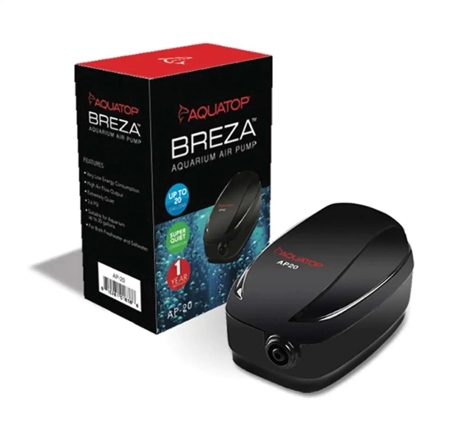 Aquatop Breza Aquarium Air Pump Single Outlet. Super Quiet. up to 20 Gal Fish Tank. AP-20