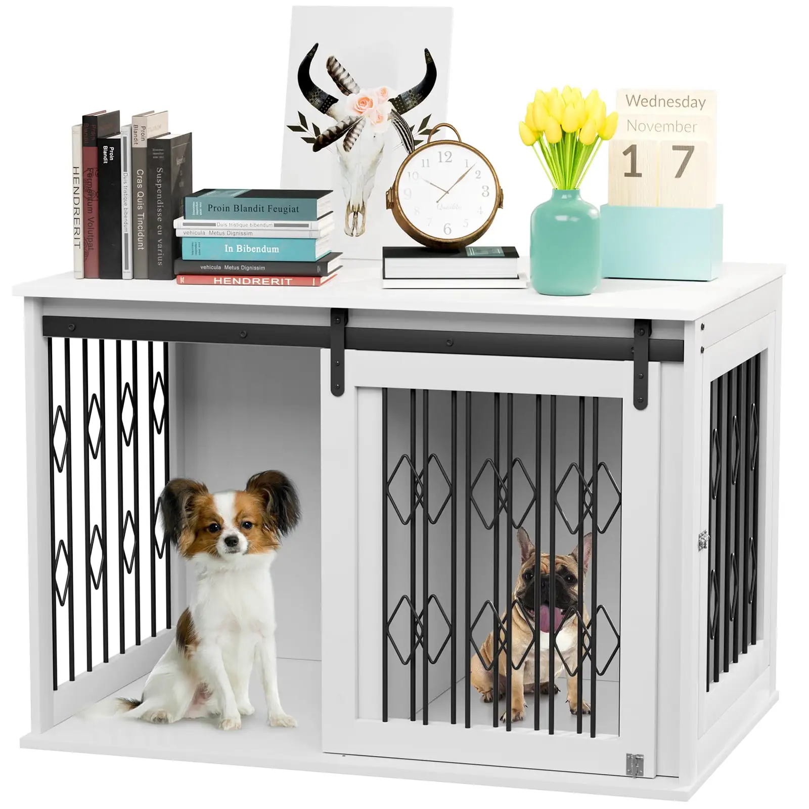 Arlopu 39.4'' Dog Crate Furniture with Sliding Barn Door. Wooden Indoor Dog Kennel with Flip-top and Divider. White Dog Cage for Small / Medium Pets up to 60 lbs