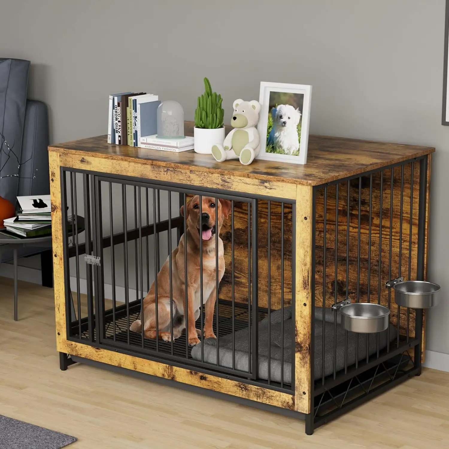 Arlopu 44.1'' Furniture Style Large Dog Crate with 2 Stainless Steel Bowls. Wooden Dog Cage End Table Dog House Heavy Duty Indoor Kennel for Small. Medium. Large Dogs