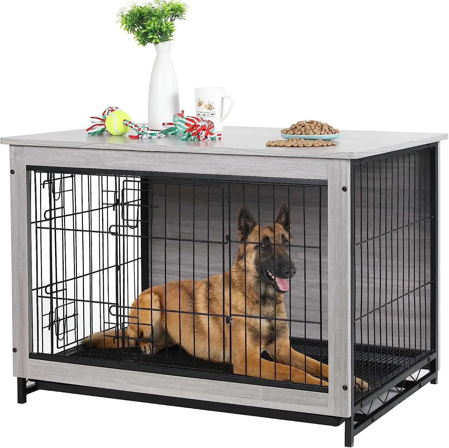 Arlopu Wooden Dog Crate Furniture End Table with Doors Pet Crate Dog Kennel Indoor with Removable Tray